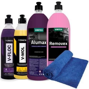 Imagem de Kit Limpeza Carro Vonixx Vfloc Vmol Alumax Removex Vintex Lavagem Auto