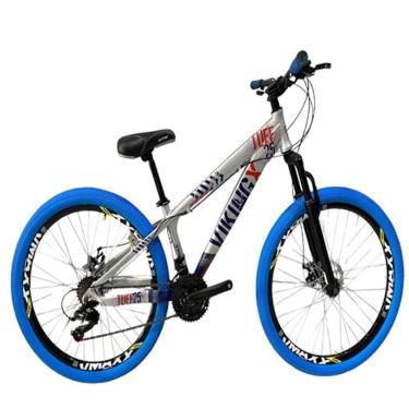 Imagem de Bicicleta Vikingx Prata Azul Aro 26 Câmbios Shimanos Aro Vmaxx Pneu Azul