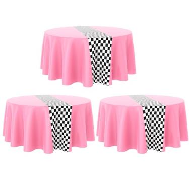 Imagem de Oudain 3 peças de artigos de festa de aniversário de carros, decorações de festa de corrida, toalha de mesa redonda com bandeira quadriculada, toalha de mesa de plástico para estrada, toalha de mesa