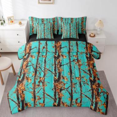 Imagem de Erosebridal Conjunto de cama queen de camuflagem azul-petróleo, retrô, floresta, camuflado, 7 peças, para crianças, meninos e adultos, cama rústica de caça na floresta, decoração de cabana