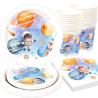 Imagem de OTTPOOM Decorações de festa de aniversário com tema espacial, pratos de papel, guardanapos, copos, suprimentos de festa, planetas, astronauta, primeira viagem ao redor do sol, conjunto de utensílios