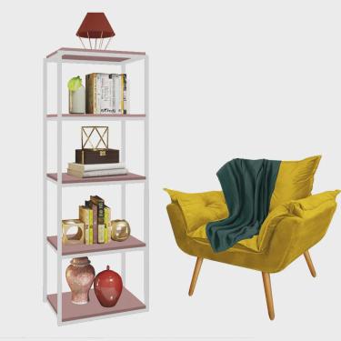 Imagem de Kit Poltrona Fatte com Manta Soft Verde e Estante Livreiro Ferro Branco mdf Rose Suede Amarelo - Ahz Móveis