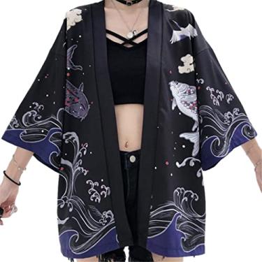 Imagem de Yukata Cardigã feminino branco preto solto masculino e feminino Harajuku quimono japonês moda Ásia verão blusa