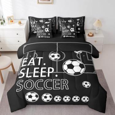 Imagem de Feelyou Conjunto de edredom de futebol de tamanho casal com lençol de 7 peças, preto e branco, para crianças, adolescentes e adolescentes