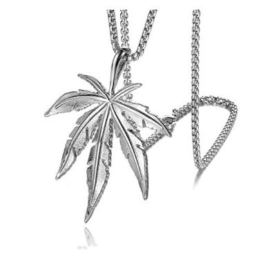 Imagem de Colar masculino Blowin Hip Hop em aço inoxidável com pingente de maconha e folha de erva 61 cm Prata