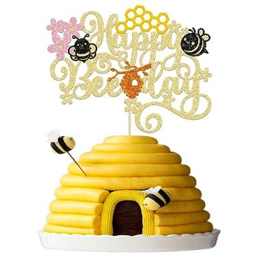 Imagem de Gyufise 1 peça de topo de bolo feliz dia da abelha glitter flor favo de mel tema abelha colher de bolo chá de bebê decoração de bolo de abelha para revelação de gênero chá de bebê crianças meninos