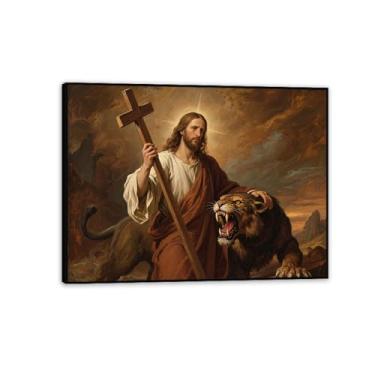 Imagem de Arte de parede em tela Jesus e Cordeiro, Jesus Doma o Leão de Judá, Cristão Jesus Rei Leão Impressão Pôster Pintura Religiosa Arte Igreja Decoração de Parede Imagens 50x40 cm Moldura Preta