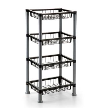 Imagem de Cesto Organizador Multiuso Fruteira Retangular 4 Andares Empilhável Preto Branco Prateleira Suporte(Preto/Cinza)