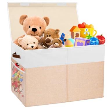 Imagem de Grande caixa de armazenamento de brinquedos com tampa, organizador de brinquedos resistente dobrável cesto de caixa com divisória para crianças, meninos, meninas, armário, sala de jogos, quarto