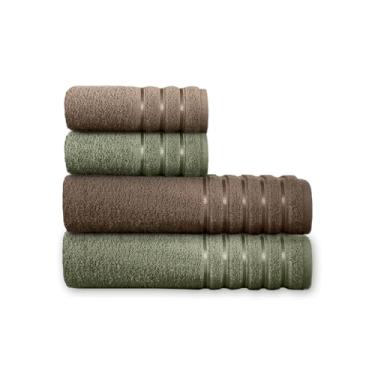 Imagem de Jogo de Toalhas Teka Comfort 4 Peças – 100% Algodão 450g/m² – Banho e Rosto – Toque Macio e Alta Absorção (Marrom e Verde)