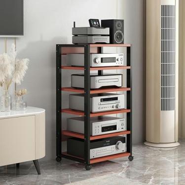 Imagem de LGEOELIAS Suporte de mídia móvel de 5/6 camadas, suporte para leitor de CD, suporte estéreo de canto para TV, componentes de áudio e vídeo com prateleira de madeira ajustável em altura para casa