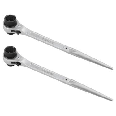 Imagem de YOUKOOL Pacote com 2 unidades de 19 mm x 22 mm OU 3/10.2 cm × 7/20.3 cm de catraca e chave de engate – Soquete de extremidade dupla de 12 pontos, ferramenta de andaime de aço Cr-V resistente, prata