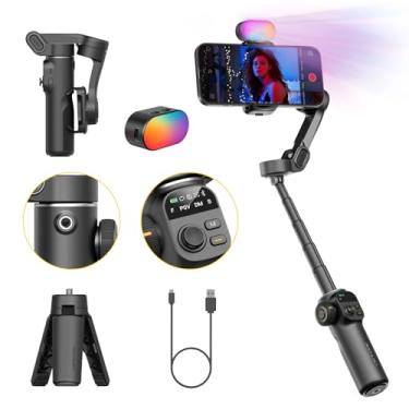 Imagem de AOCHUAN Estabilizador Gimbal para iPhone, Gimbal de telefone com luz de preenchimento magnético RGB, gimbal dobrável embutido em haste de extensão de 7,8 polegadas e tela OLED para iPhone/Android