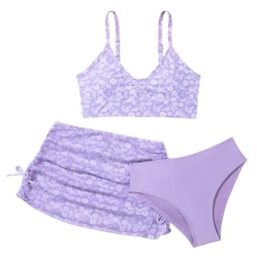 Imagem de SEAUR Conjunto de biquíni moderno para meninas, 3 peças, gola V, estampa floral, roupa de banho de praia com saia, Roxo, 10-11 Anos