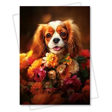 Imagem de Cartão comemorativo Cavalier King Charles Spaniel com flores para todas as ocasiões - Cachorro com flores da coleção exclusiva de delícias de festa de cães - Grande 12,7 x 17,8 cm - Interior em branco