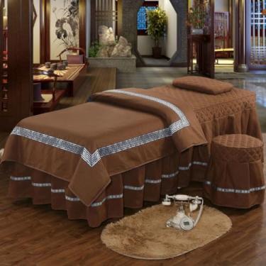Imagem de Conjuntos de lençóis de mesa de massagem spa beleza capa de cama 4 peças microfibra massagem saia de cama macia cor sólida colchas salão fumigação roupa de cama conjunto de cama com furo colcha