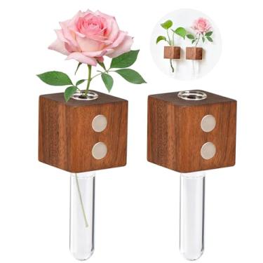 Imagem de Mini vaso imãs de geladeira, lindo tubo de ensaio, vaso de flores para plantas, vasos magnéticos de parede de madeira com tubo de vidro, ímã de geladeira de madeira, adsorvido na geladeira, porta