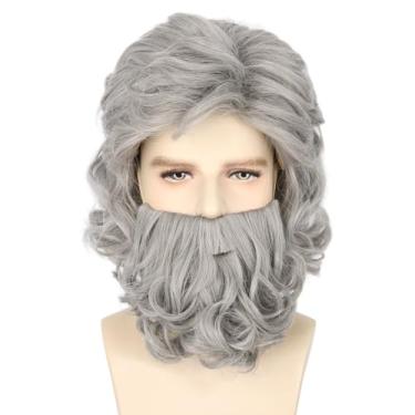Imagem de Topcosplay Peruca E Barba De Vovô Velho, Cabelo Curto Ondulado Cinza, Bruxo, Papai Noel