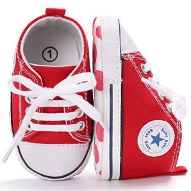 Imagem de KIDSUN Tênis unissex de cano alto para bebês meninos e meninas sola antiderrapante para recém-nascidos primeiros passos sapatos jeans de lona, A01-vermelho., 6-12 Meses