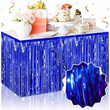 Imagem de LANTIANCHEN Pacote Com 3 Saias De Mesa Franjas Folha Azul, Serpentinas Enfeites Metálicos, Guirlanda, Faixa Fundo Para Decoração Festa Aniversário, Ação Graças, Natal E Halloween (29 X 108 Pol.)