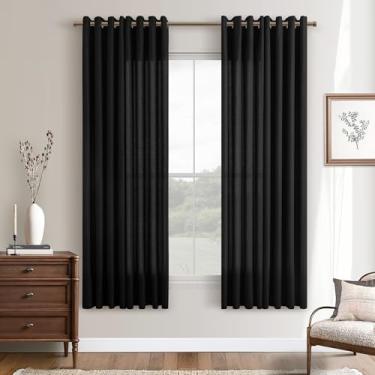 Imagem de Cortinas pretas para quarto de 153 cm de comprimento, 2 painéis, mistura de linho sintético, filtragem de luz, semitransparente, cortinas de linho preto para sala de estar, cortina de janela moderna