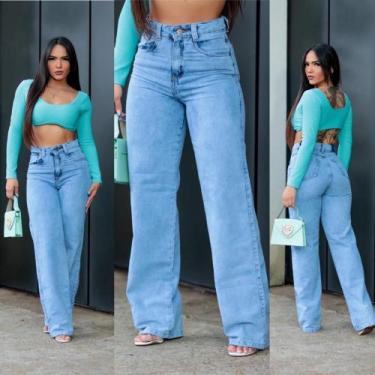 Imagem de Calça jeans feminina wide leg sky pantalona cintura tecido premium ref