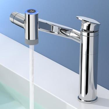 Imagem de SINGSUO Torneira rotativa de banheiro de 1080° 1 furo, torneira de pia de alça única ajustável em altura banheiro com 2 modos de saída de água, torneira de pia de bar com exibição de temperatura