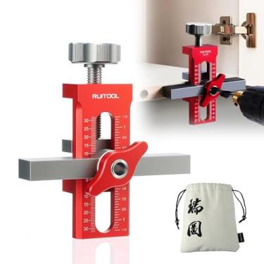 Imagem de RUITOOL Gabarito de montagem 2 em 1 para porta de armário e ferramenta de dispositivo de rebote com bolsa, posicionador de instalação apenas para armários sem moldura, gabarito de ferragens de