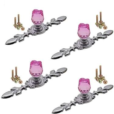 Imagem de Wannianmu Pacote com 4 puxadores de gaveta puxadores de puxar, puxadores decorativos de vidro de cristal transparente de flor rosa com placa, maçanetas de porta de armário com parafusos para decoração de escritório de cozinha (grande -rosa)
