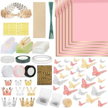Imagem de Kit de acessórios para buquê de flores premium, 260 peças, 60 folhas de papel de embrulho floral rosa impermeável, 36 borboletas, 8 coroas, 1 faixa de cabeça de coroa de folha, 4 fitas, 15 cartões,