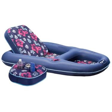 Imagem de Aqua Campania Ultimate 2 in 1 Recliner & Tanner Pool Lounger with Adjustable Backrest and Caddy, Inflatable Pool Float, Navy Hibiscus (AQL14856AZ)