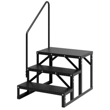 Imagem de EcoExplorer Degraus para trailer com corrimão, escada antiderrapante de 3 degraus, banco de piscina portátil, capacidade de carga de 299 kg, escada de trailer para casas móveis, banheiras de