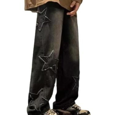 Imagem de Y2 Baggy Jeans Mulheres Fairycore Star Patchwork Demin Calças Grunge Emo Roupas Gótico Jogger Sweatpants, Black, L