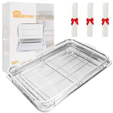 Imagem de Cesta de aço inoxidável para fritadeira a ar 36 x 26 cm com frigideira antiaderente e 50 folhas de pergaminho | Bandeja de forno multiuso para assar/grelhar (45,7 cm)