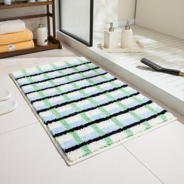 Imagem de GIB Tapete de banheiro xadrez verde, preto e creme, 61 cm x 40 cm, extra macio, absorvente, antiderrapante, lavável, felpudo, felpudo, felpudo, tapete de microfibra, tapete quadriculado estético para