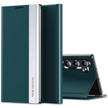 Imagem de Capa flip para Samsung Galaxy S23 S View, capa flip ultrafina galvanizada de luxo para Samsung S23, capa flip flip híbrida à prova de choque PU e PC para smartphone S23 Galaxy (verde)