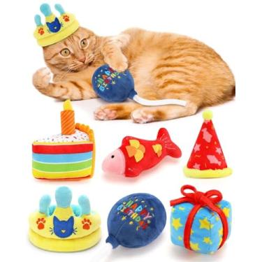 Imagem de CiyvoLyeen 6 peças de brinquedos de erva-dos-gatos com tema de aniversário, presente de aniversário, gatinho, brinquedos interativos para amantes de gatos, coroa de bolo, peixe, pelúcia macia,