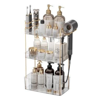 Imagem de Bancada organizadora de banheiro, armazenamento de perfume de maquiagem de 3 camadas com suporte para secador de cabelo e escova de dentes, bandeja de cosméticos para penteadeira - transparente