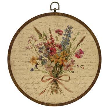Imagem de Arte de parede de flores com letras vintage, moldura de grão de madeira redonda, design de jardim floral, decoração redonda pendurada, estampa de buquê de flores silvestres em aquarela para quarto e