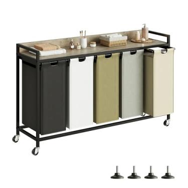 Imagem de Herture Cesto de lavanderia com prateleira, cesto de roupa suja com 5 seções, classificador de roupas com sacos removíveis grandes de 5 cores e rodas móveis, estrutura de metal, 60 litros, Greige