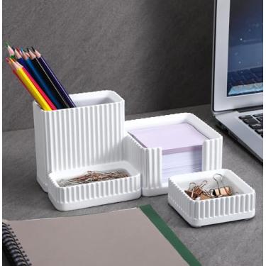 Imagem de Honeydak Conjunto de 2 organizadores de mesa de concreto estético, 3 compartimentos, organizador de material de escritório com suporte de clipe de metal, decoração de mesa para mulheres ou homens para