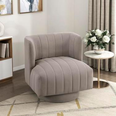 Imagem de Lexicon Cadeira giratória com detalhes em tecido texturizado, estofada de 360 graus, com canal tufado, assento confortável, para sala de estar, quarto, escritório, fácil montagem, cinza-acastanhado