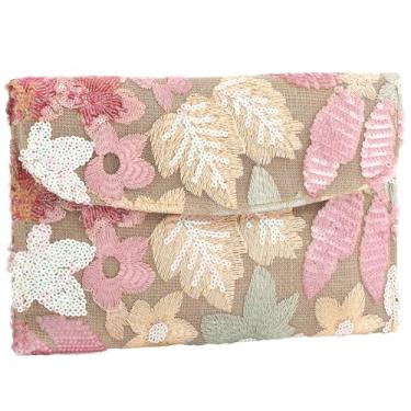 Imagem de XquiziFit Bolsa clutch feminina floral para noite para festa bordada com lantejoulas e contas, Rosa claro, Regular: 10.2" × 6.2"
