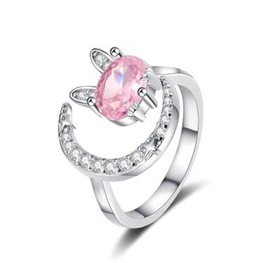 Imagem de Lindo anel aberto ajustável de coelho zircônia cúbica rosa CZ lua crescente para mulheres banhado a prata cristal brilhante zircônia cúbica adorável animal de estimação anel de envoltório de dedo