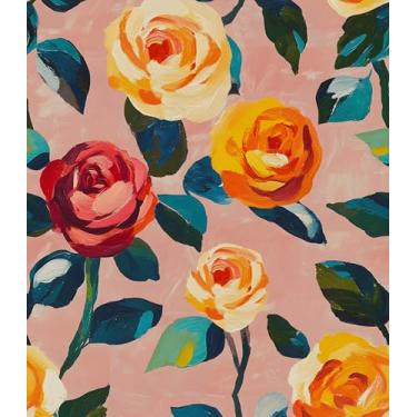 Imagem de Papel de parede floral rosa descascar e colar, papel de contato aquarela laranja/rosa amarela 44,5 cm x 299,7 cm, papel de parede boho autoadesivo à prova d'água removível para quarto de menina