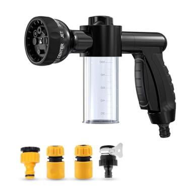 Imagem de Dickno Bico Para Lavagem De Carros, Mangueira Jardim Alta Pressão Com 8 Padrões Irrigação, Pulverizador Espuma, Dispensador Sabão Lavagem, Planta (Preto - 4 Conectores)