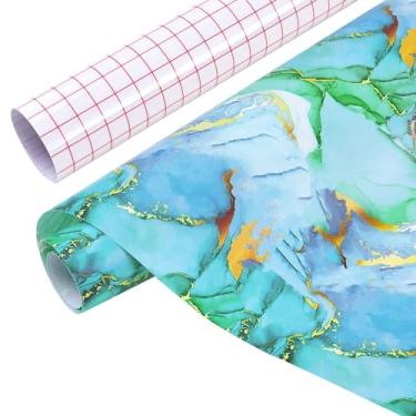 Imagem de Tintnut Vinil permanente mármore - 30,5 cm x 1,5 m, rolo de vinil adesivo permanente com padrão de mármore verde azul para máquina de corte, autoadesivo de decoração de casa