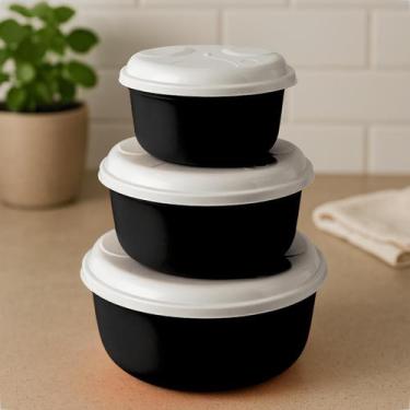 Imagem de Kit 3 Potes Plástico Redondos P M G Com Tampa Branca Trio Cozinha Orga