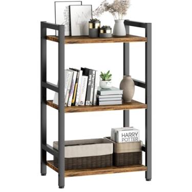 Imagem de Prateleira de livros, estante de 3 camadas com moldura de aço, estante de livros estreitas, organizador de armazenamento para CD de livros, prateleiras abertas para sala de estar, escritório em casa