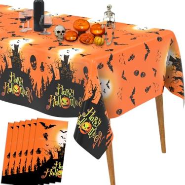 Imagem de Toalha de mesa de Halloween, decoração de Halloween, 6 peças, toalha de mesa descartável, retangular, 274 x 137 cm, castelo laranja, bruxas, decoração de mesa para decoração de festa de Halloween
